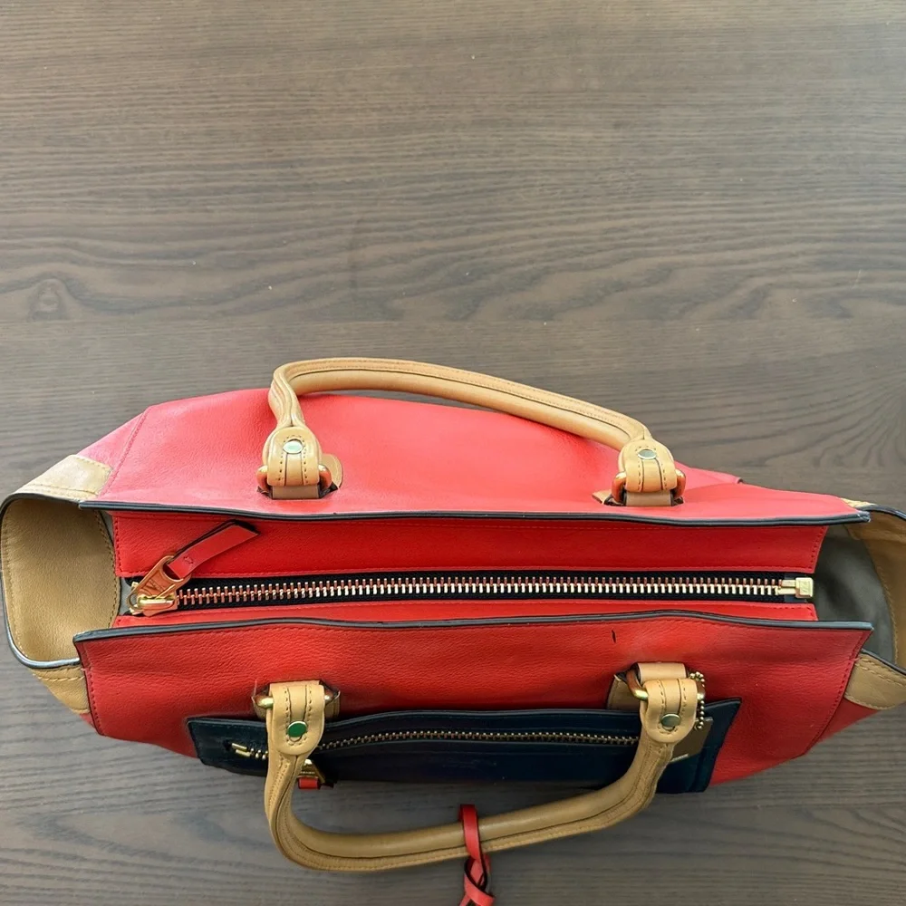 Coach Red, Navy & Tan Leather Satchel with Tassel Accents